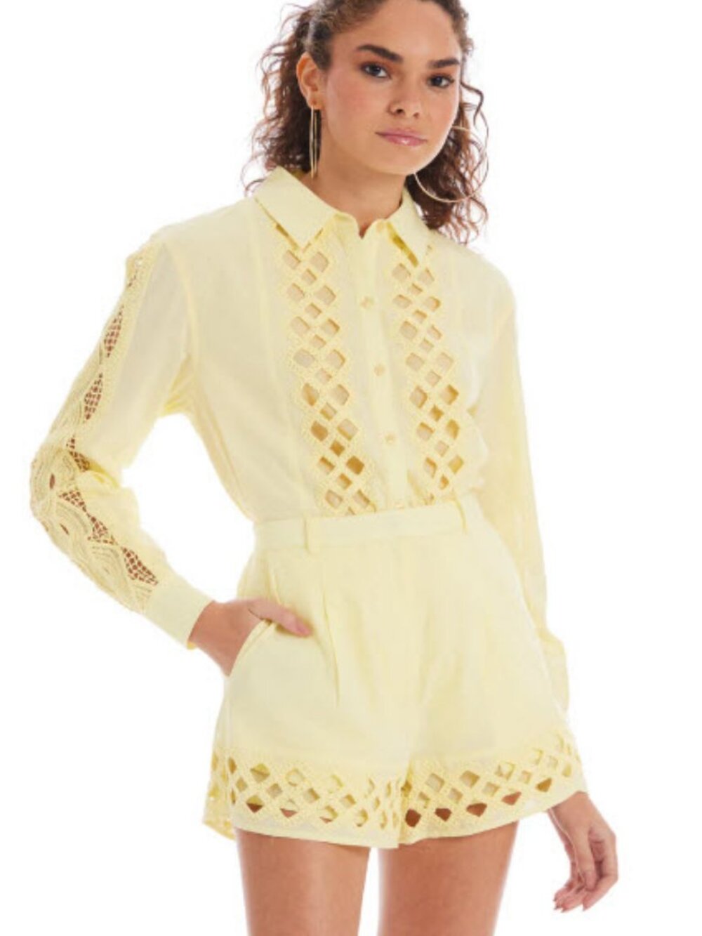NWT Womens Allison NY Yellow (Item-925) 2Pc Set Camila Shirt Top Nina Shorts S
